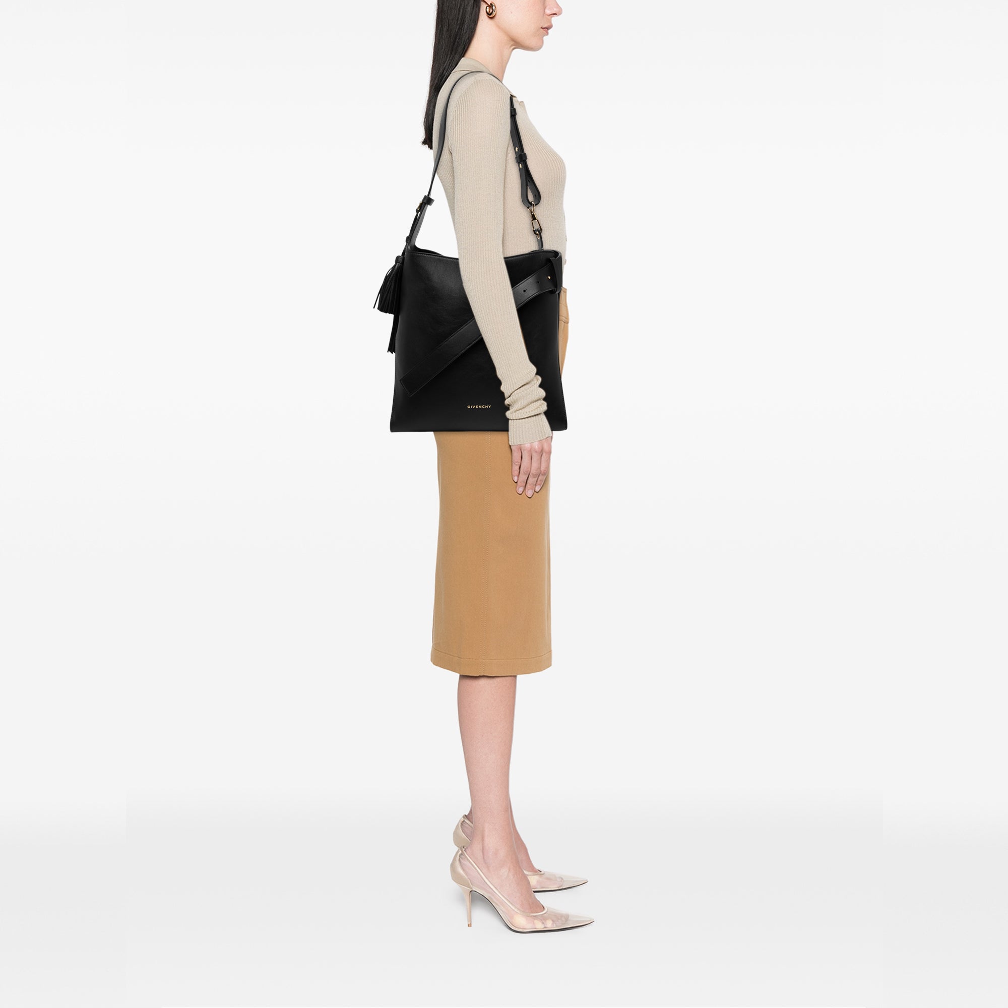 Medium Leather Belted Shoulder Bag Black - Lab Luxury Resale