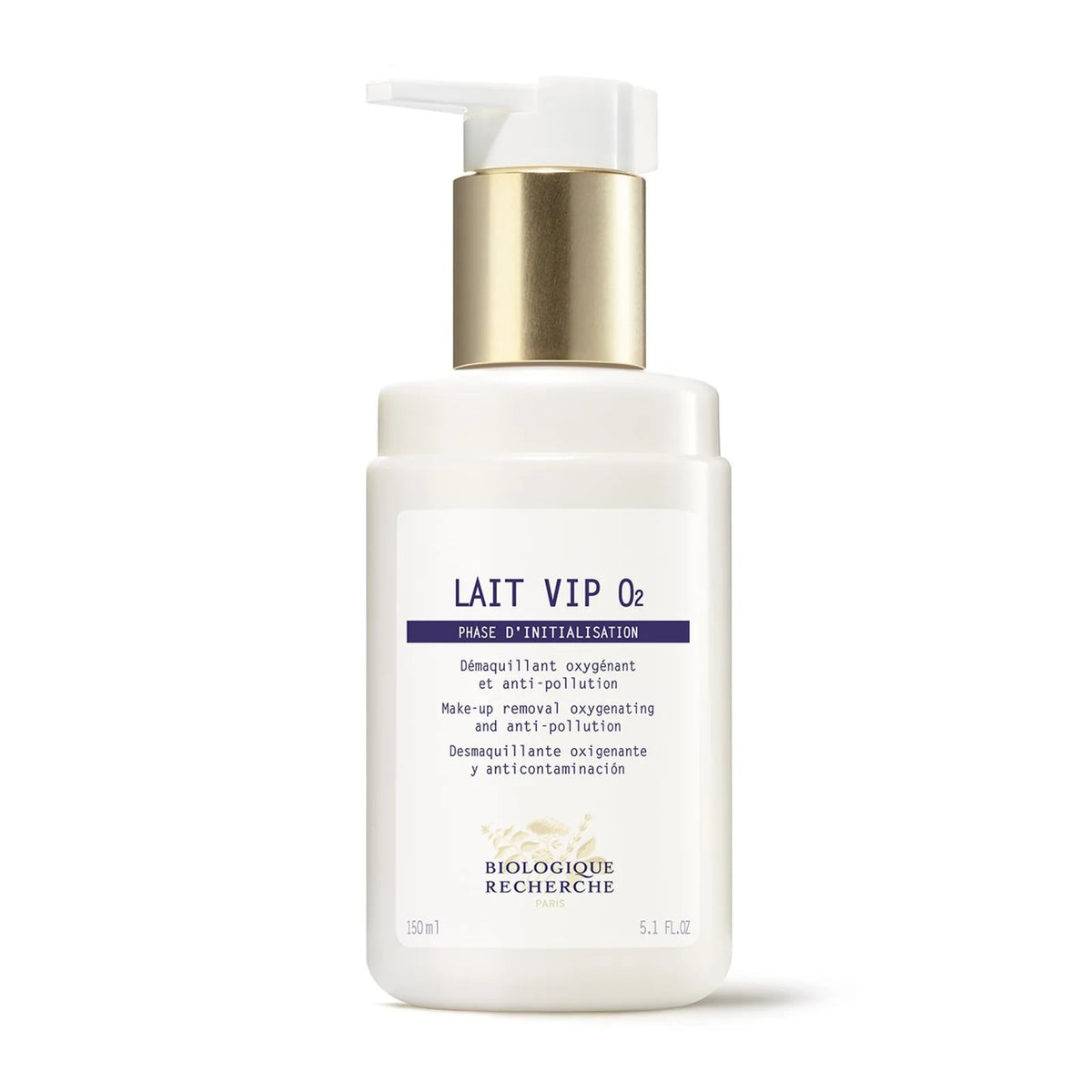 Biologique Recherche Lait VIP O2 150ml beauty product, creamy facial cleanser in a sleek white bottle with blue accents.