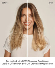 SEEN fragrance-free leave-in conditioner in 5oz bottle, designed to hydrate and detangle hair without added scent.