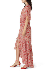 Red printed silk dress by Misa Los Angeles, Katarina style, showcased on a mannequin in size M.