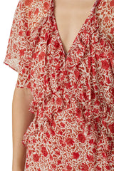 Red silk dress by Misa Los Angeles with a floral print, featuring a flowing fit and elegant design, size M.