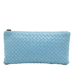Small Bottega Veneta Nappa Intrecciato zip pouch in blue with woven leather design and compact shape.
