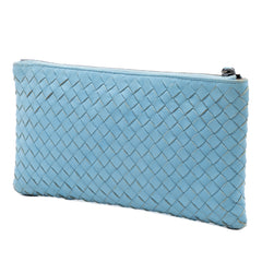 Bottega Veneta small blue Nappa leather Intrecciato zip pouch with sleek design and compact size for stylish organization.