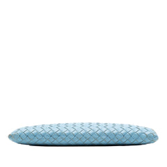 Blue Bottega Veneta Small Nappa Intrecciato Zip Pouch with woven leather design and silver zipper detail.