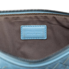 Bottega Veneta small Nappa Intrecciato zip pouch in blue, featuring woven leather design and compact bag style.