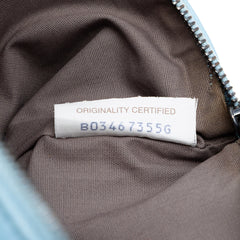 Blue Bottega Veneta small Nappa Intrecciato zip pouch, stylish leather bag with woven pattern and compact design.