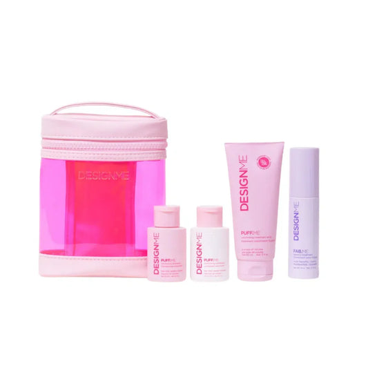 Design.ME Puff.Me Volume Bliss Bundle beauty kit with hair volumizing products and styling tools against a white background.