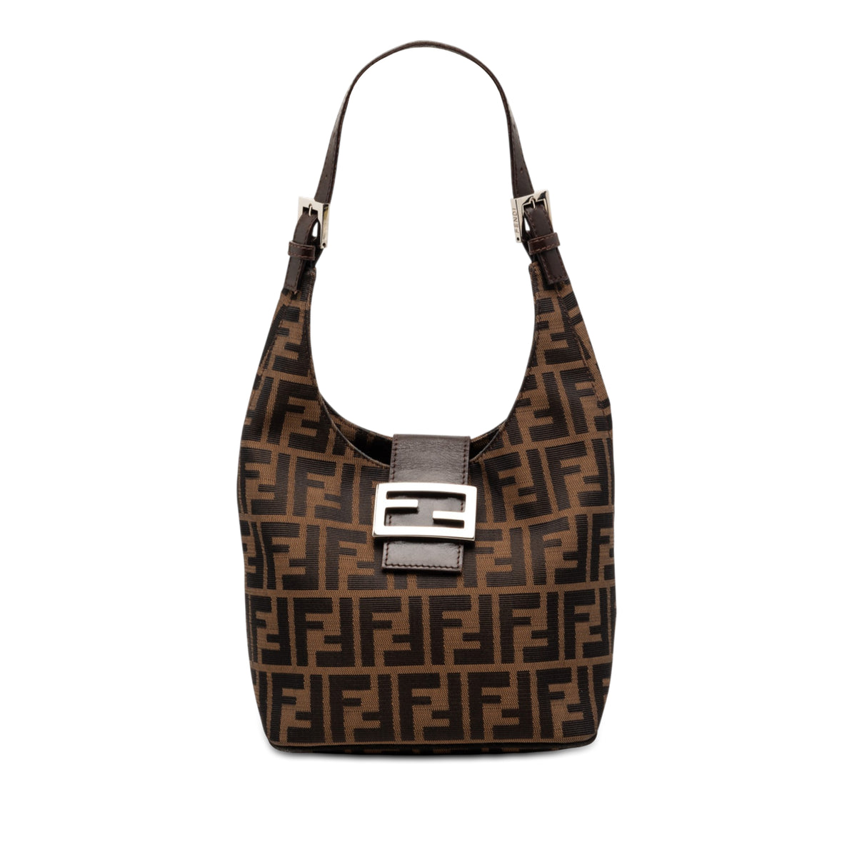 Fendi Zucca canvas shoulder bag with adjustable strap and signature monogram pattern on a neutral background.