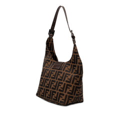 Fendi Zucca canvas shoulder bag with adjustable strap and signature monogram pattern, stylish and spacious for everyday use.