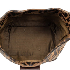 Fendi Zucca canvas shoulder bag with beige and brown geometric pattern, leather accents, and adjustable strap.