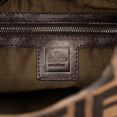 Fendi Zucca canvas shoulder bag with leather trim and adjustable strap, showcasing signature monogram pattern and elegant design.