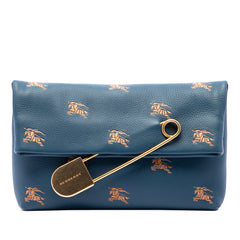 Medium Equestrian Knight Embroidered Leather Safety Pin Foldover Clutch Blue - Lab Luxury Resale
