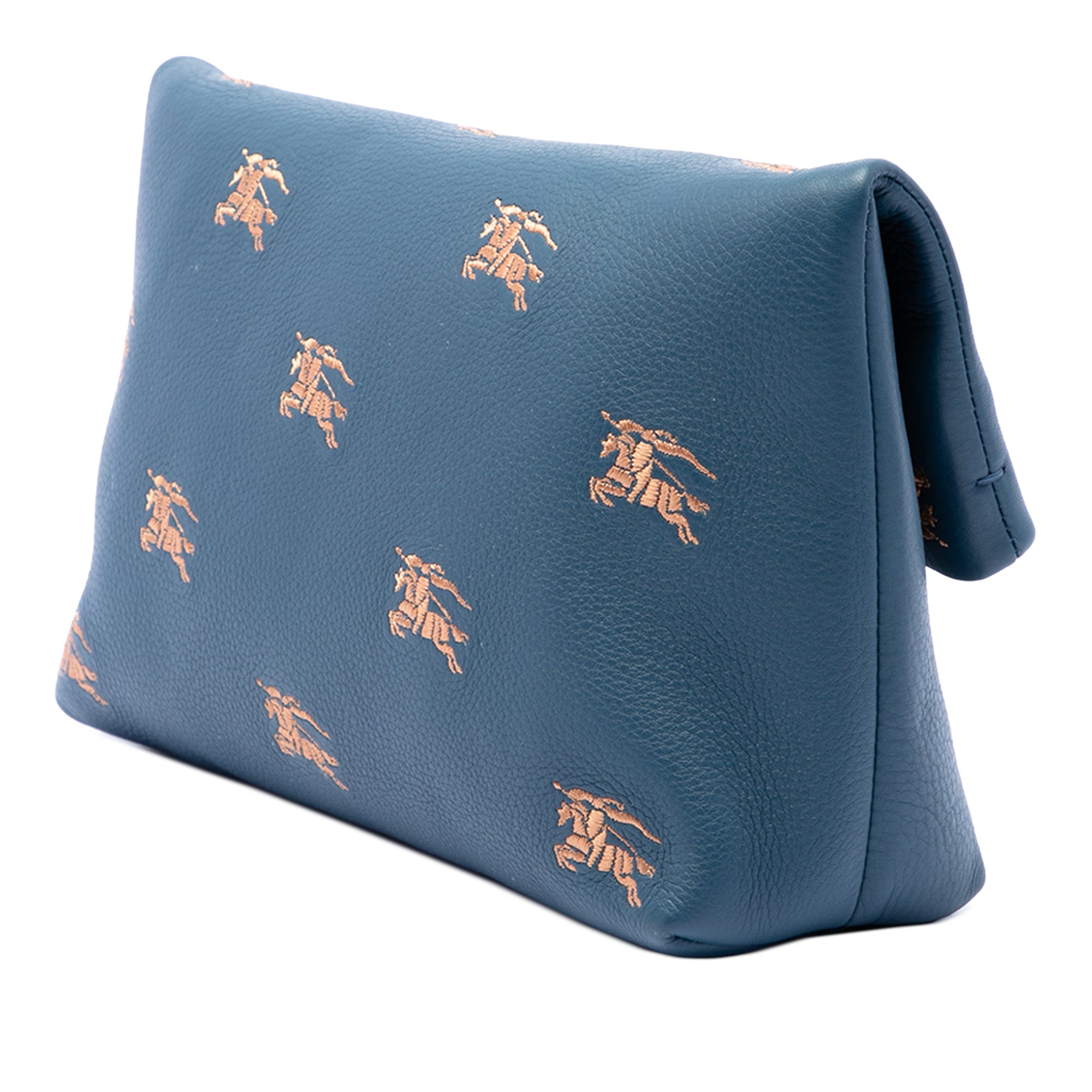 Medium Equestrian Knight Embroidered Leather Safety Pin Foldover Clutch Blue - Lab Luxury Resale