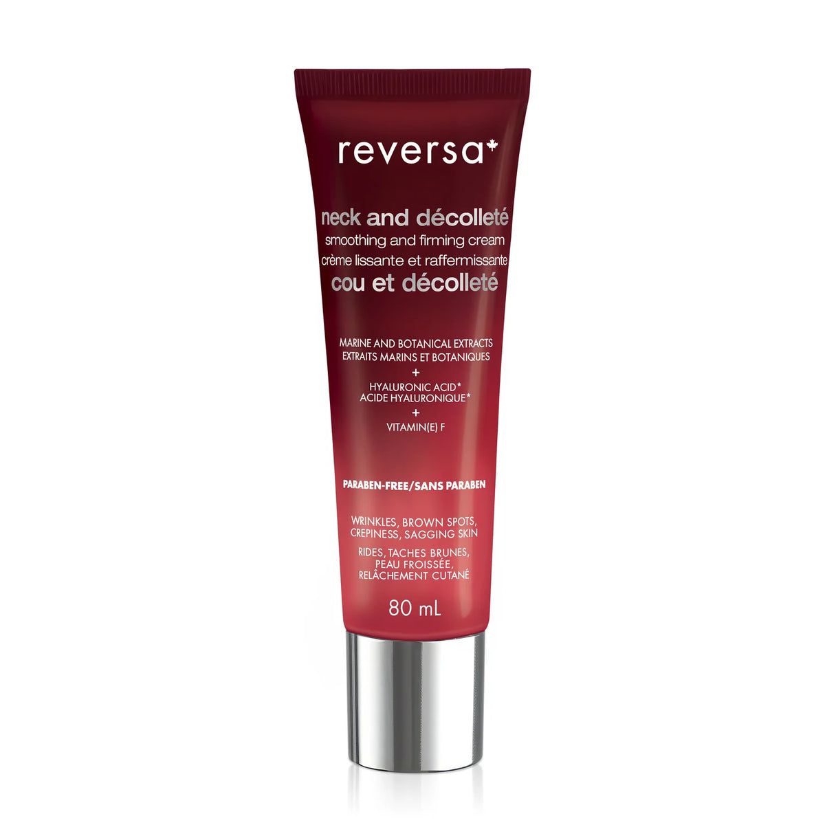 Reversa neck and décolleté smoothing and firming cream in 80ml jar, designed to enhance skin firmness and hydration.