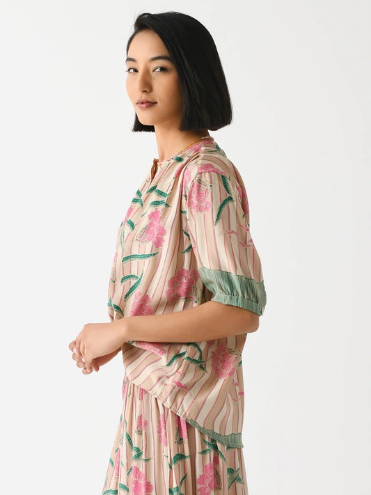 Natalie Martin women's violet top in size small, lightweight blouse with floral chamomile pattern and relaxed fit.