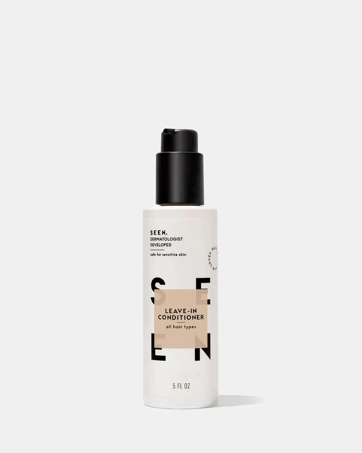 SEEN Leave-In Conditioner in 5oz bottle, scented beauty hair treatment with creamy texture and sleek packaging.