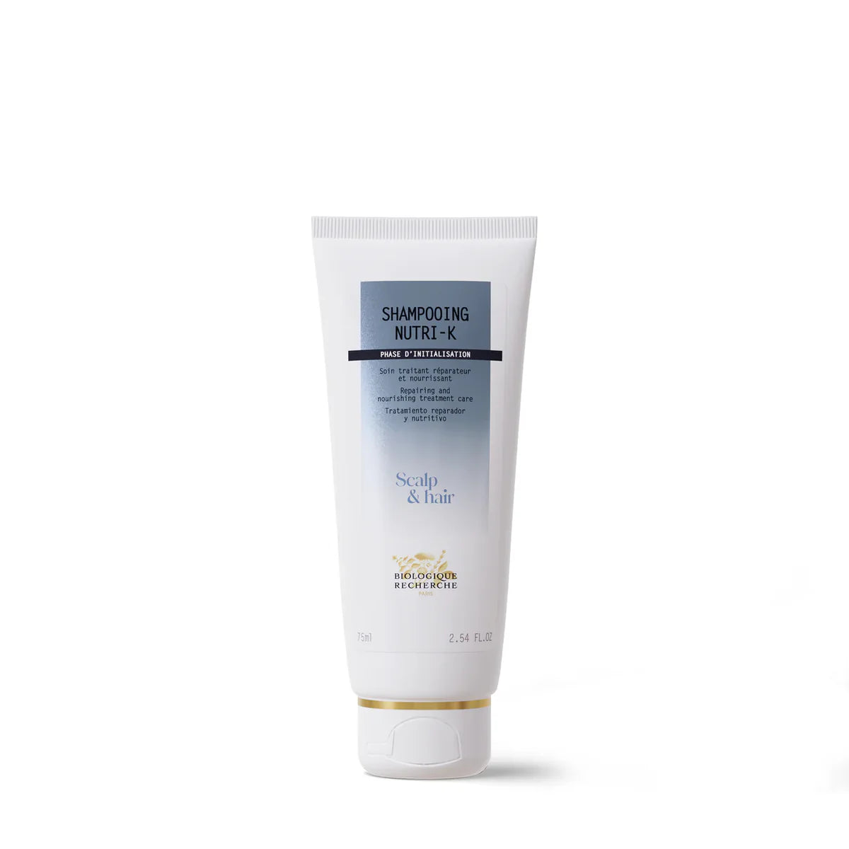 Biologique Recherche Nutri-K shampoo for dry, damaged hair in 75ml travel size, nourishing and restoring hair health.