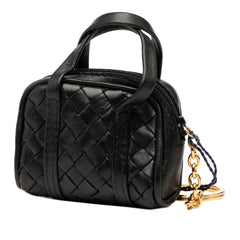 Black Bottega Veneta Nappa Intrecciato pouch key holder and bag charm with woven leather design, accessories for luxury bags and keys.