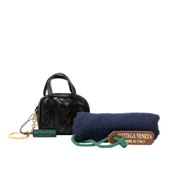 Bottega Veneta Nappa Intrecciato black pouch key holder and bag charm with woven leather design and silver hardware.