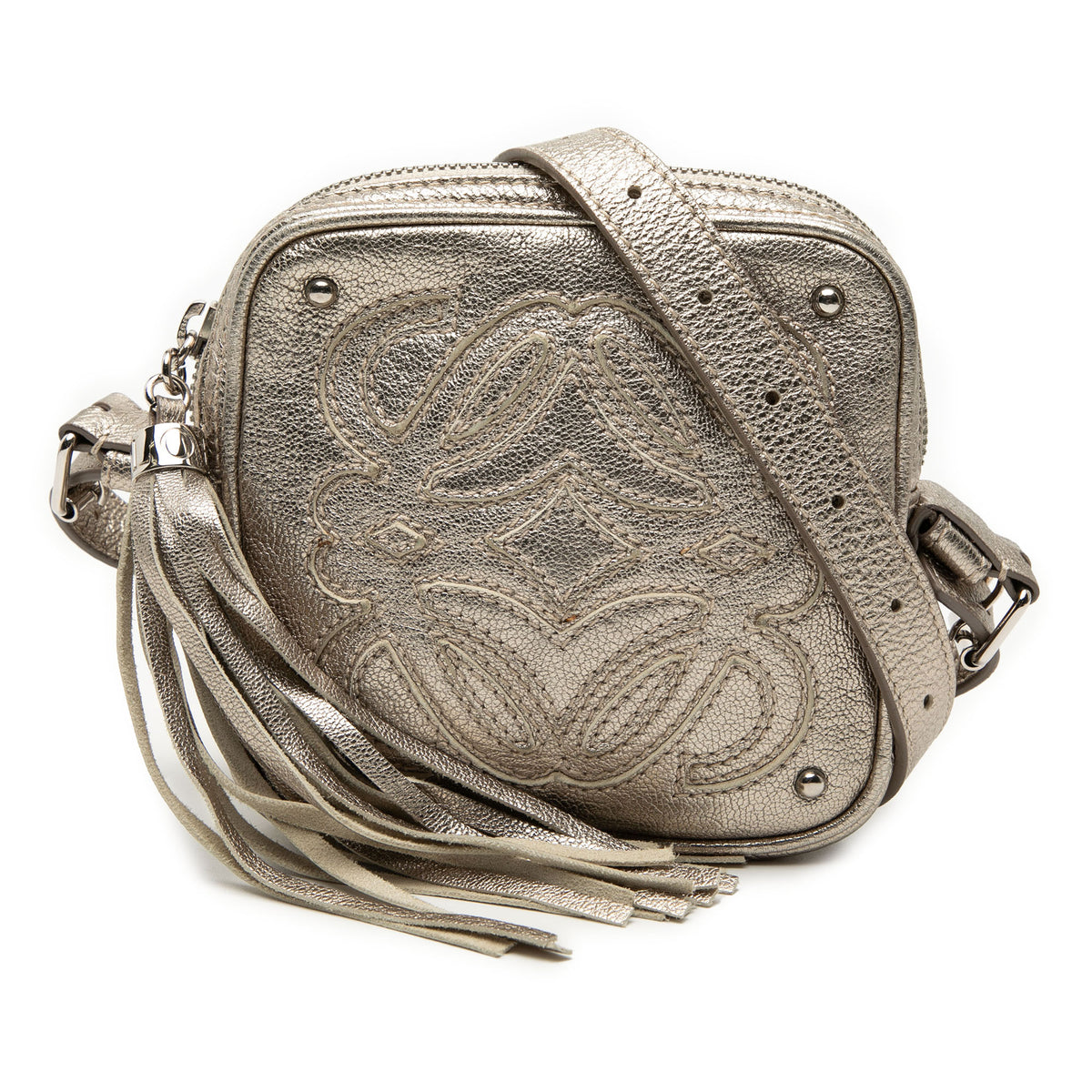 Mini Metallic Goatskin Anagram Tassel Crossbody Silver - Lab Luxury Resale