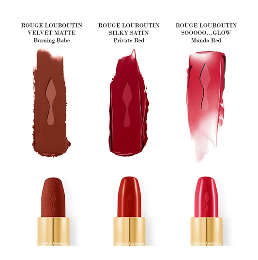 Christian Louboutin On The Go Les Rouges lipstick set with vibrant red shades, displayed in a sleek, compact beauty case.