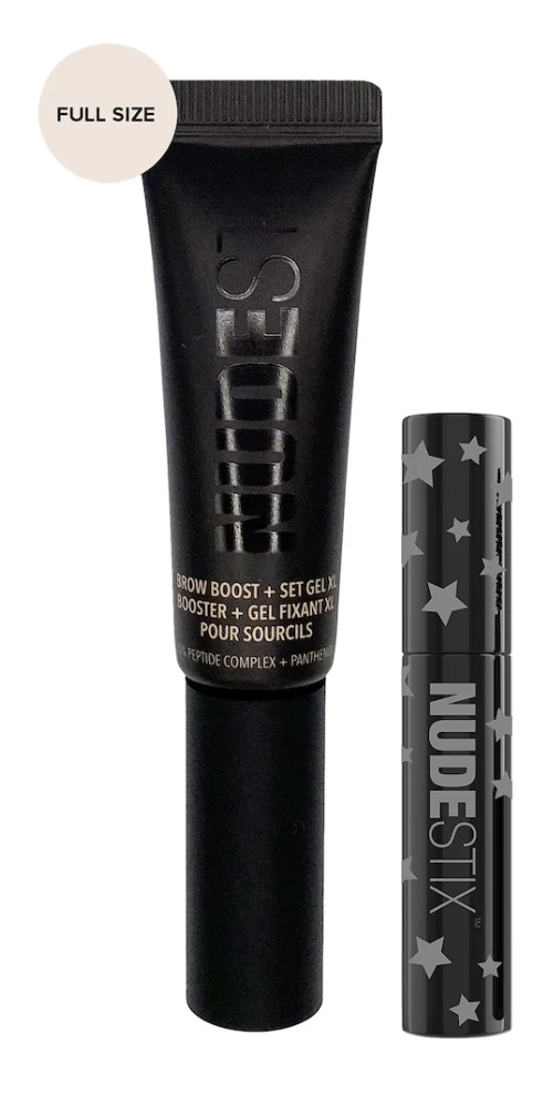 NUDESTIX Brows & Lashes 3-piece beauty kit with brow pencil, mascara, and lash curler on a white background.