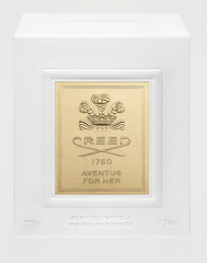 Creed Aventus For Her scented candle in a 220g home decor container, new in box, with elegant packaging and branding.
