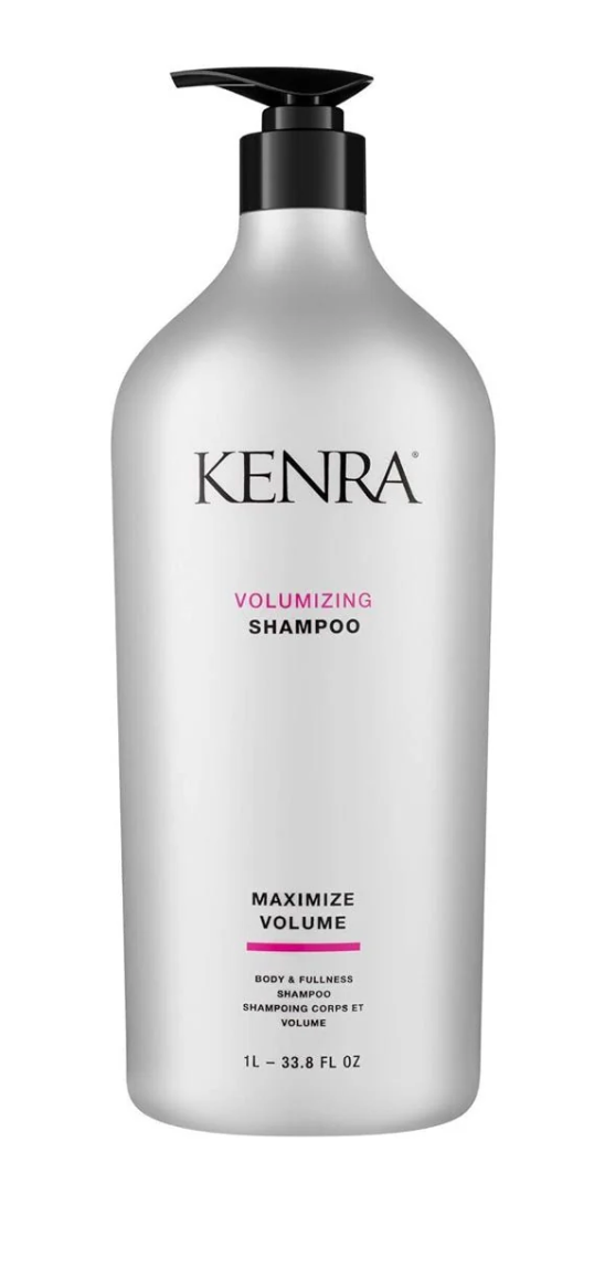 Kenra Volumizing Shampoo 1L bottle, clear container with label, showcasing the shampoo's volumizing formula in a professional beauty product.