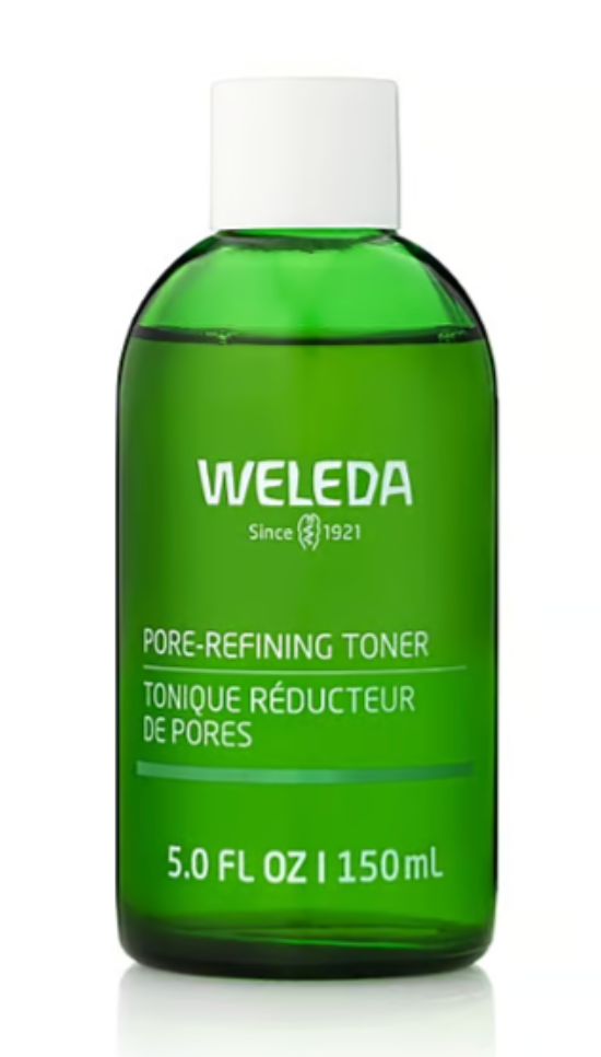 Weleda Pore-Refining Toner 150ml bottle with clear liquid and label, designed for facial skin care and pore refinement.