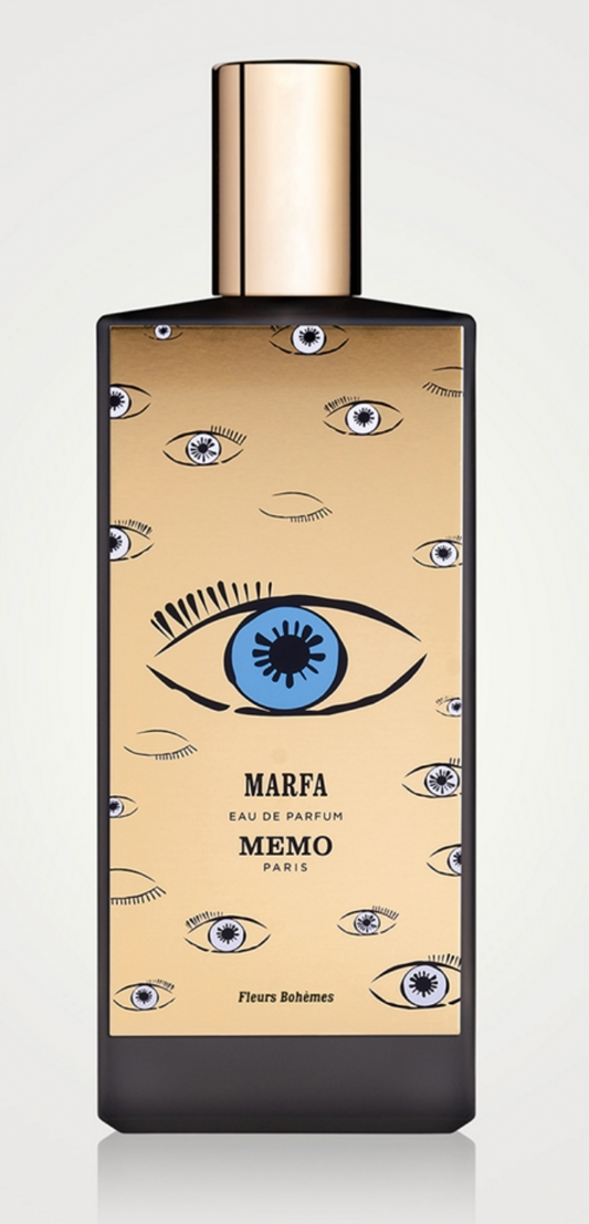 MEMO Paris Marfa Eau de Parfum 75ml bottle, elegant glass design with floral and woody scent notes, new in box.