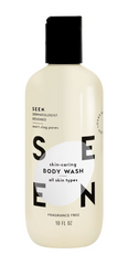 SEEN fragrance-free body wash in a 10 fl. oz bottle, gentle and hydrating for sensitive skin, shown in a clean, minimalist setting.