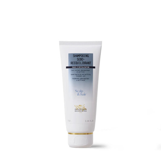Biologique Recherche Sebo-Reequilibrant shampoo for oily hair in 75ml bottle, natural hair care product for scalp balance.