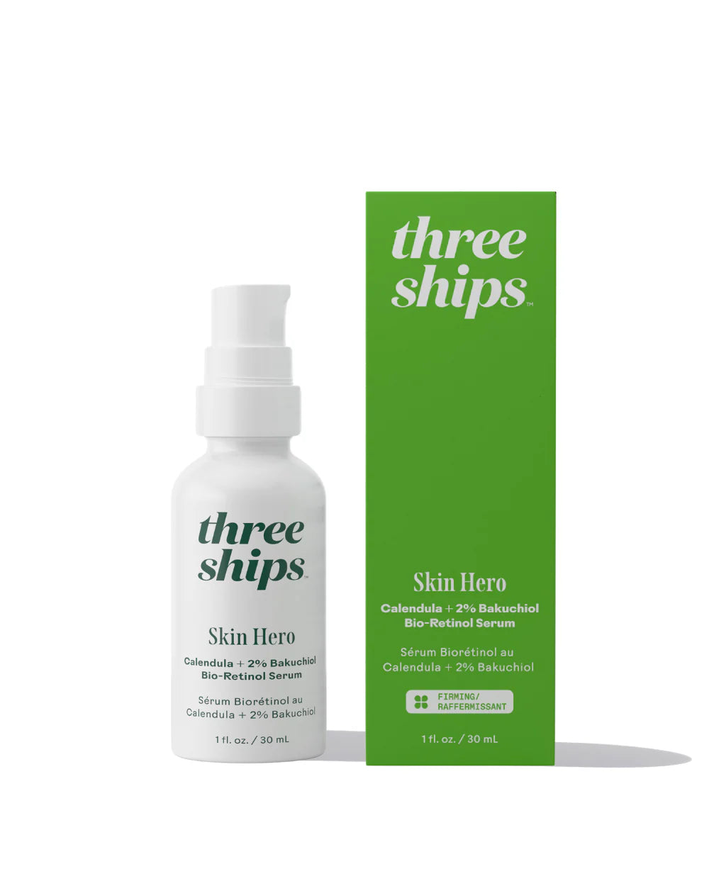 Three Ships SkinHero Calendula and Bakuchiol Bio-Retinol Serum 30ml bottle with pump and label, displayed on a neutral background.
