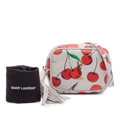 Yves Saint Laurent Baby Calfskin Lou Camera Bag with cherry monogram print and gold-tone hardware, featuring a compact, stylish design.