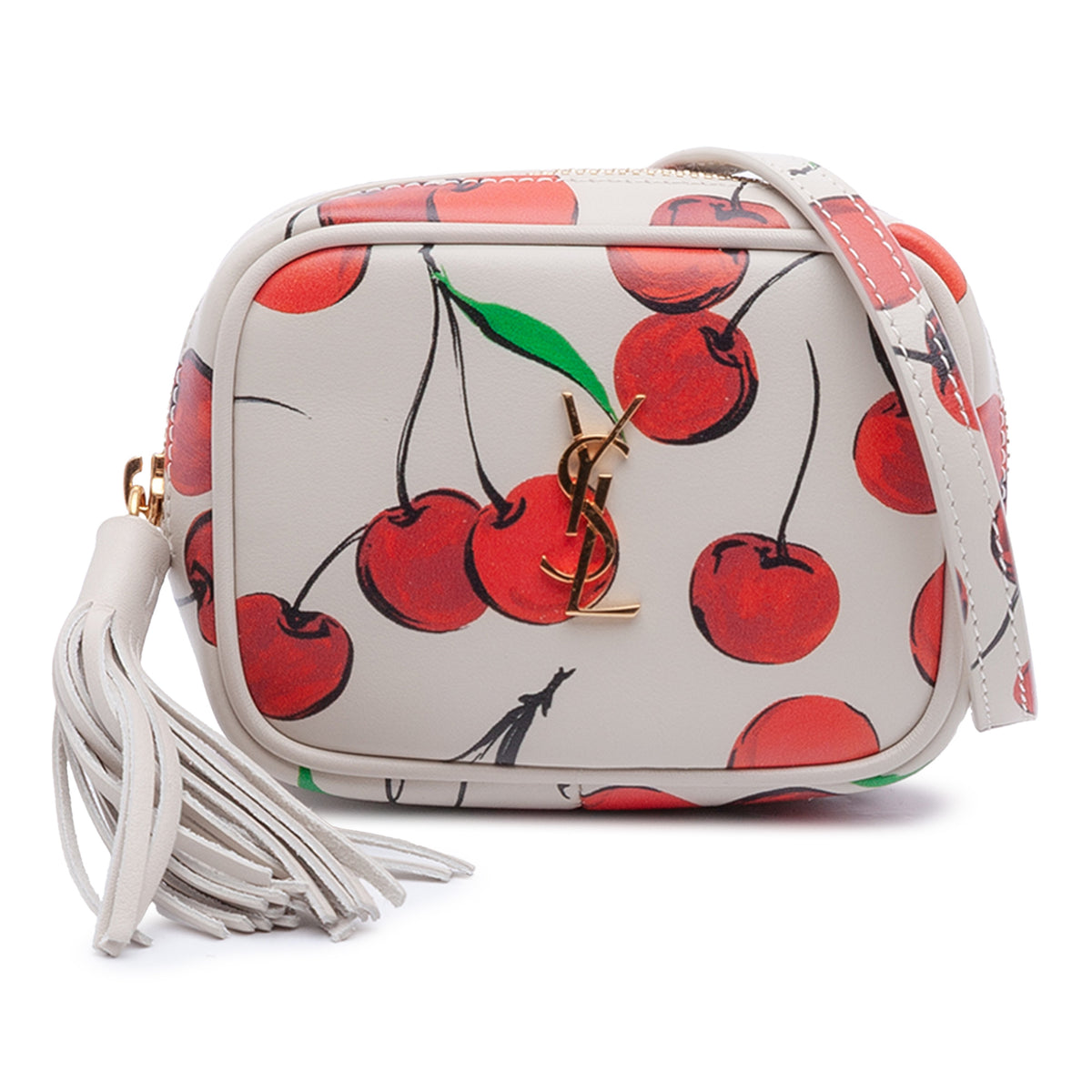 Yves Saint Laurent Baby Calfskin Lou Camera Bag with Monogram Cherry print and gold hardware, featuring a compact design and adjustable strap.