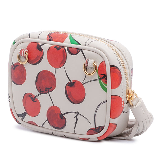Yves Saint Laurent Lou camera bag in cherry printed calfskin with monogram logo, featuring a compact design and gold-tone hardware.
