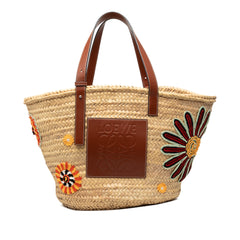 Large Floral Embroidered Raffia Basket Tote Beige - Lab Luxury Resale