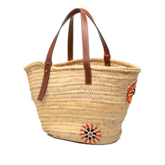 Large Floral Embroidered Raffia Basket Tote Beige - Lab Luxury Resale