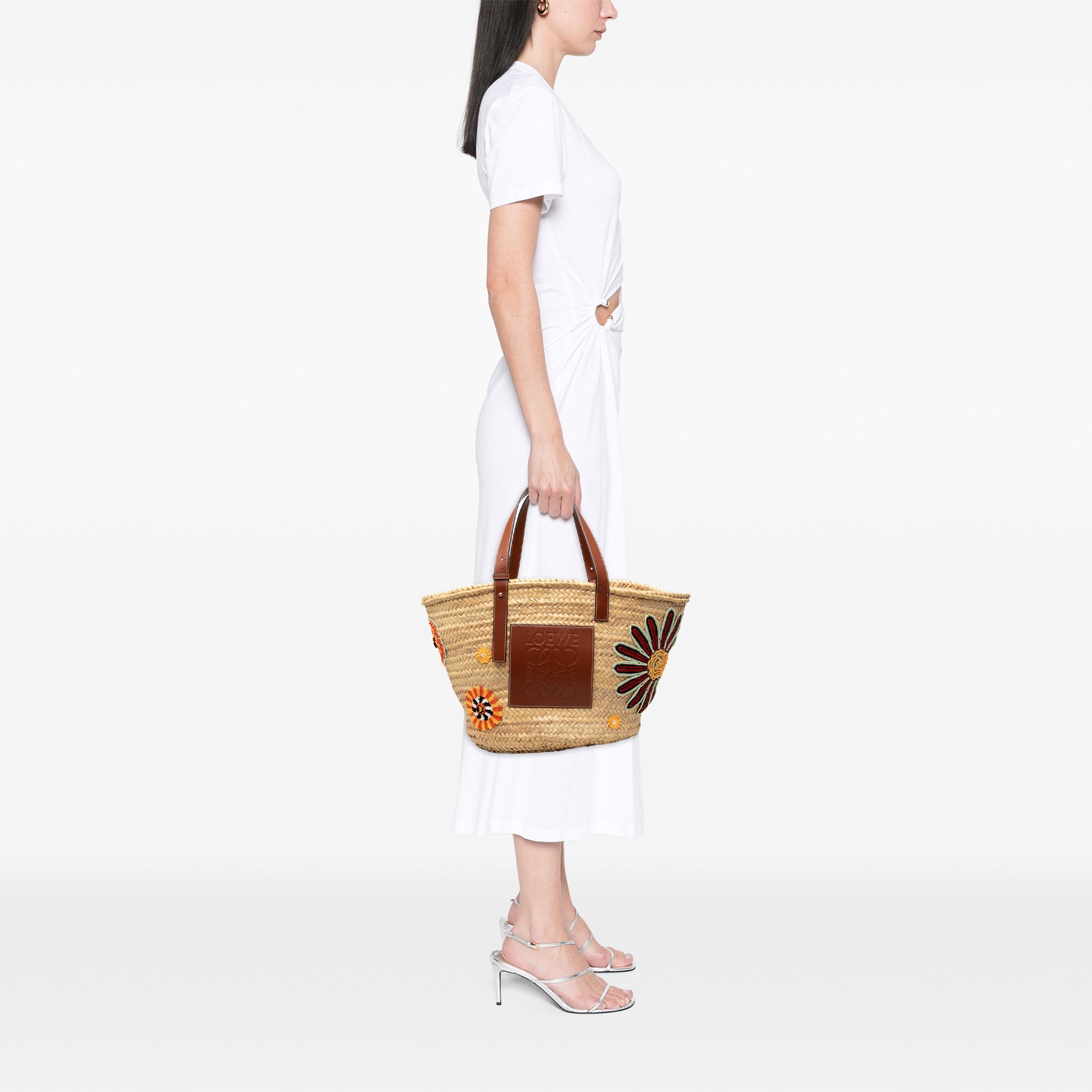 Large Floral Embroidered Raffia Basket Tote Beige - Lab Luxury Resale