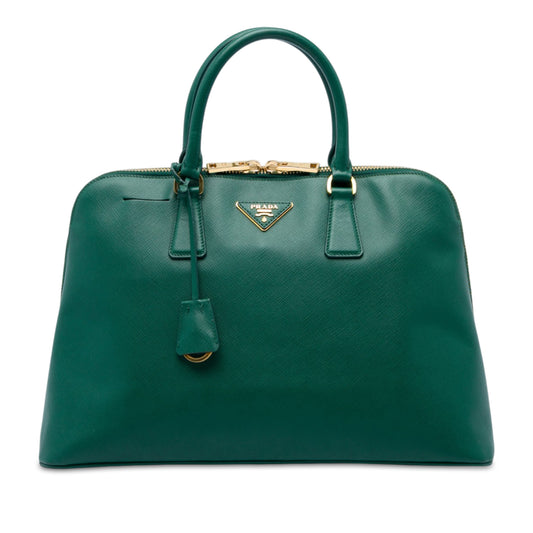 Green Prada Large Saffiano Lux Promenade Satchel bag with structured design and gold-tone hardware, made from textured saffiano leather.