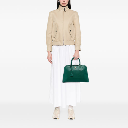 Prada Large Saffiano Lux Promenade Satchel in green with double top handles and gold-tone hardware, stylish and structured bag.
