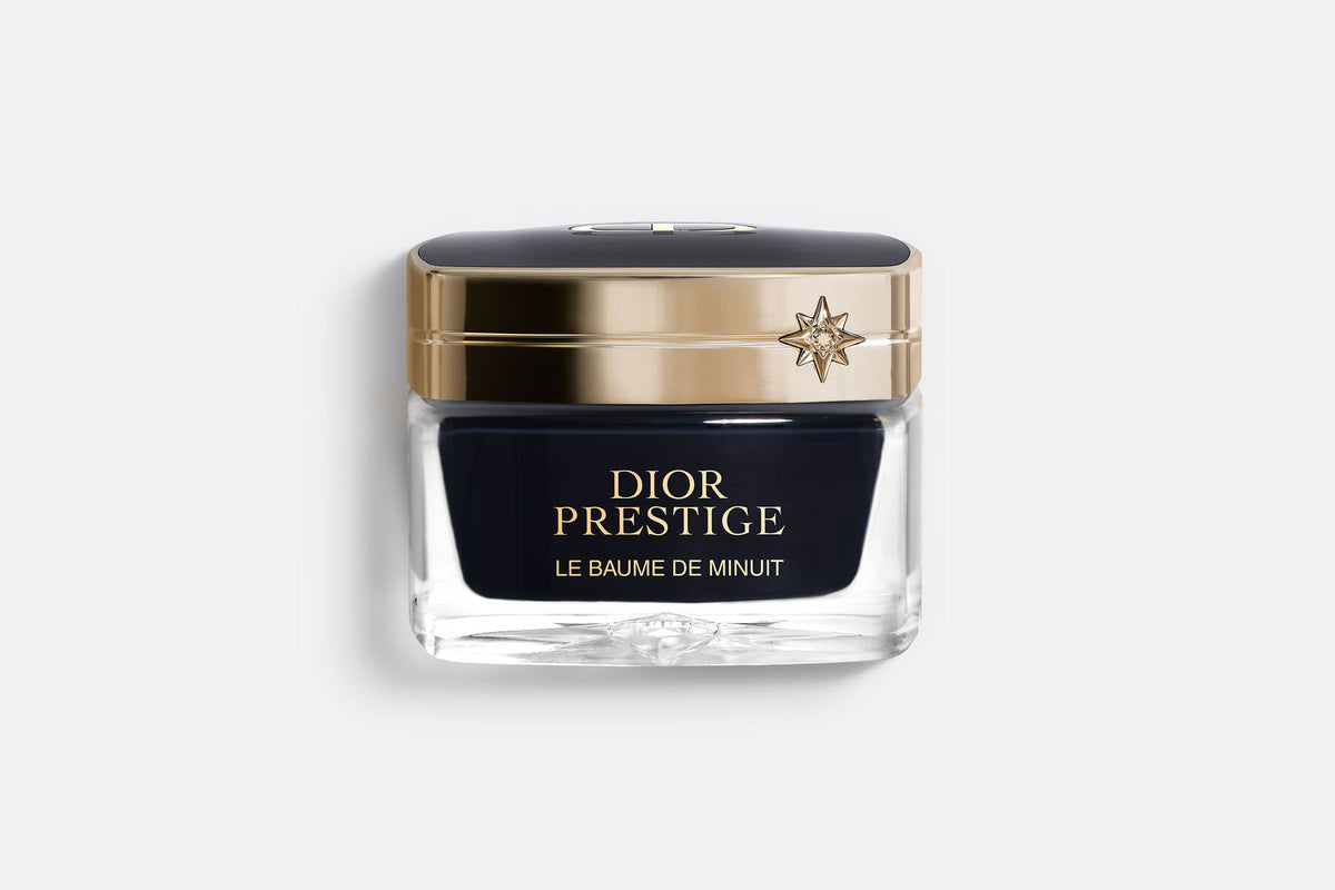 Dior Prestige Le Baume de Minuit beauty balm jar, 50g, new in box, elegant packaging with gold accents, ideal for nighttime skincare.