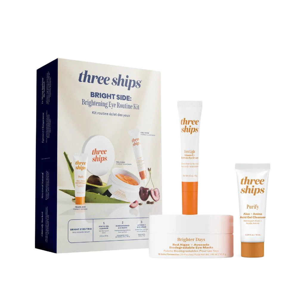 Three Ships Bright Side brightening eye routine kit with skincare products and applicators, new in box, for radiant eye area.