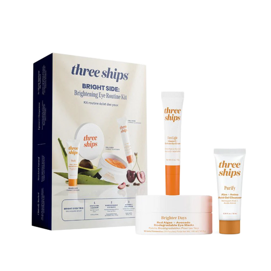 Three Ships Bright Side brightening eye routine kit with skincare products and applicators, new in box, for radiant eye area.
