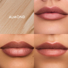 Almond-shaped lip stain tube from Summer Fridays Flushed Long-Lasting Lip Tint in natural almond shade, new in box.