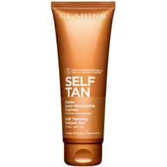 Clarins Self Tanning Instant Gel 125ml, bright packaging, showing the tube and product details for a beauty tanning gel
