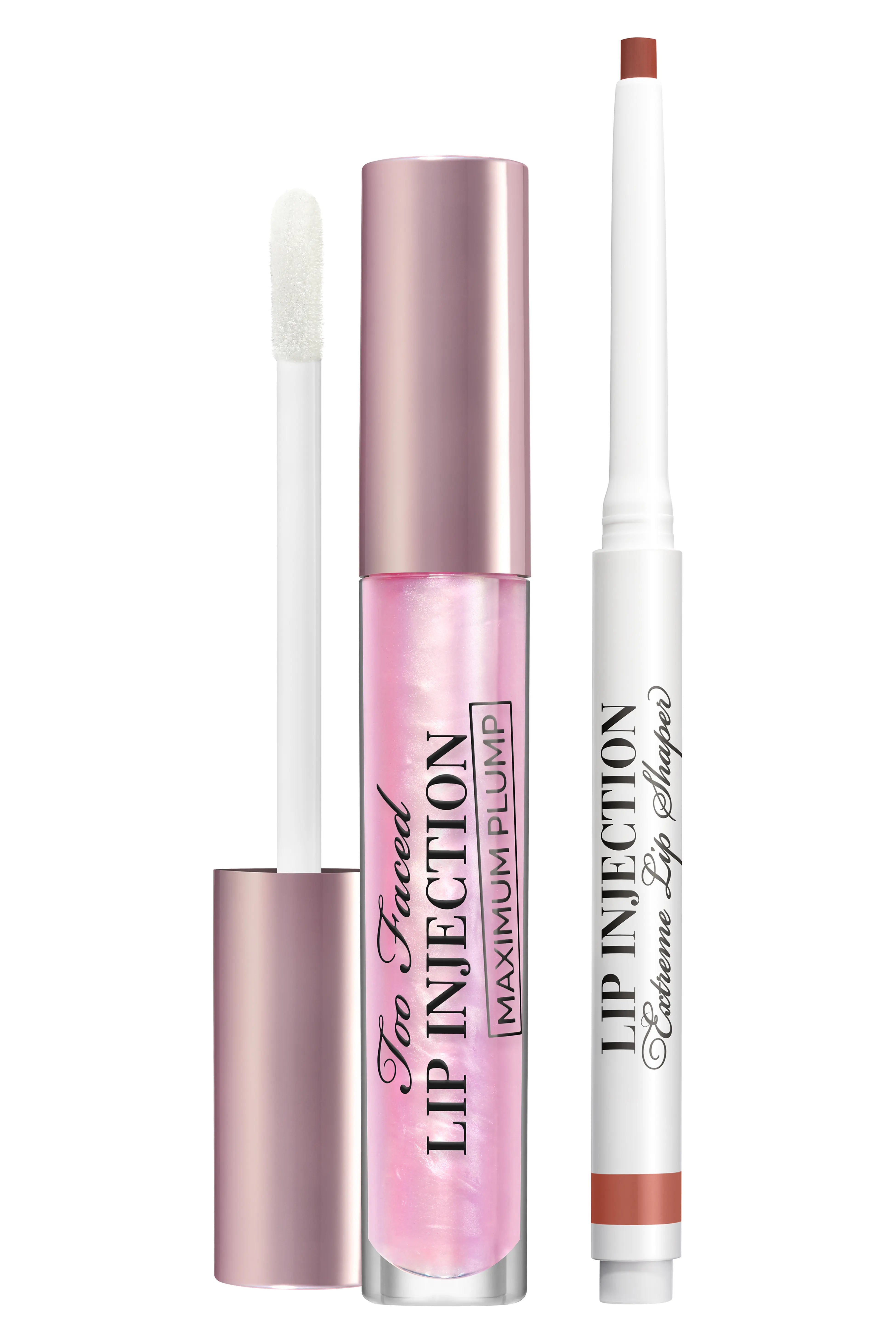 Too Faced Lip Injection lip liner and plumping gloss set, new in box, featuring sleek packaging and multiple shades.