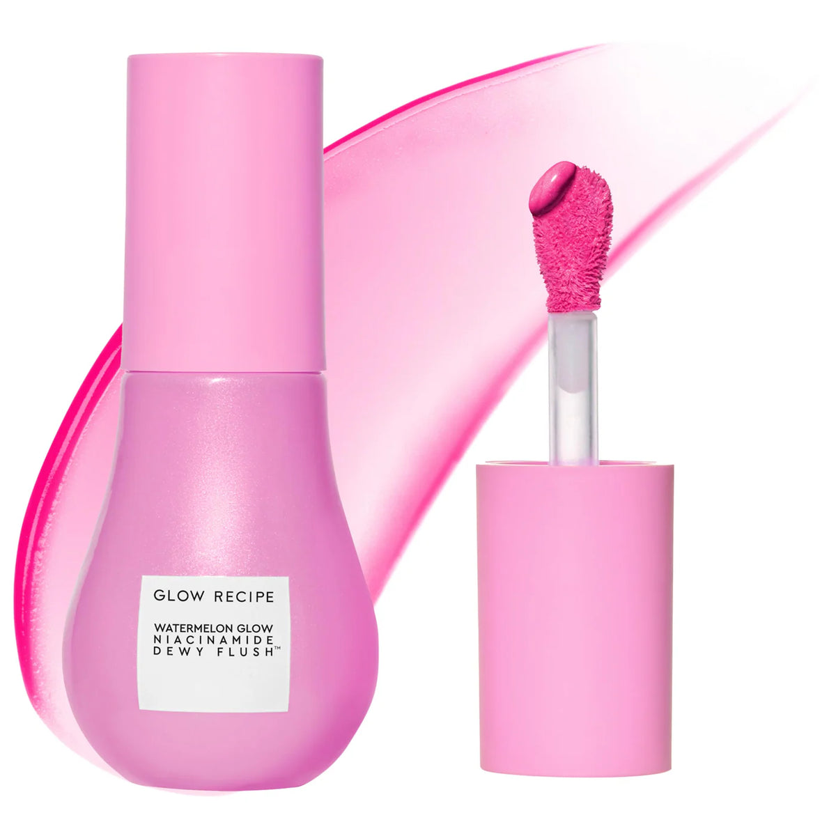 Glow Recipe Watermelon Glow Niacinamide Dewy Flush brightening serum blush in a sleek beauty container with a pink hue.