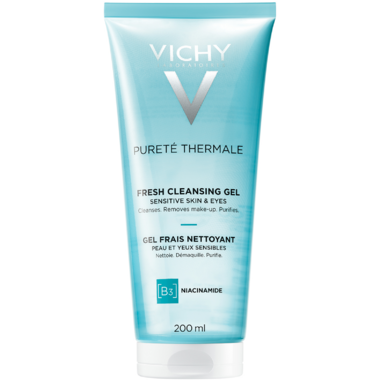 Vichy Purete Thermale Cleansing Gel 200ml, gentle facial cleanser with foaming texture and clear packaging.