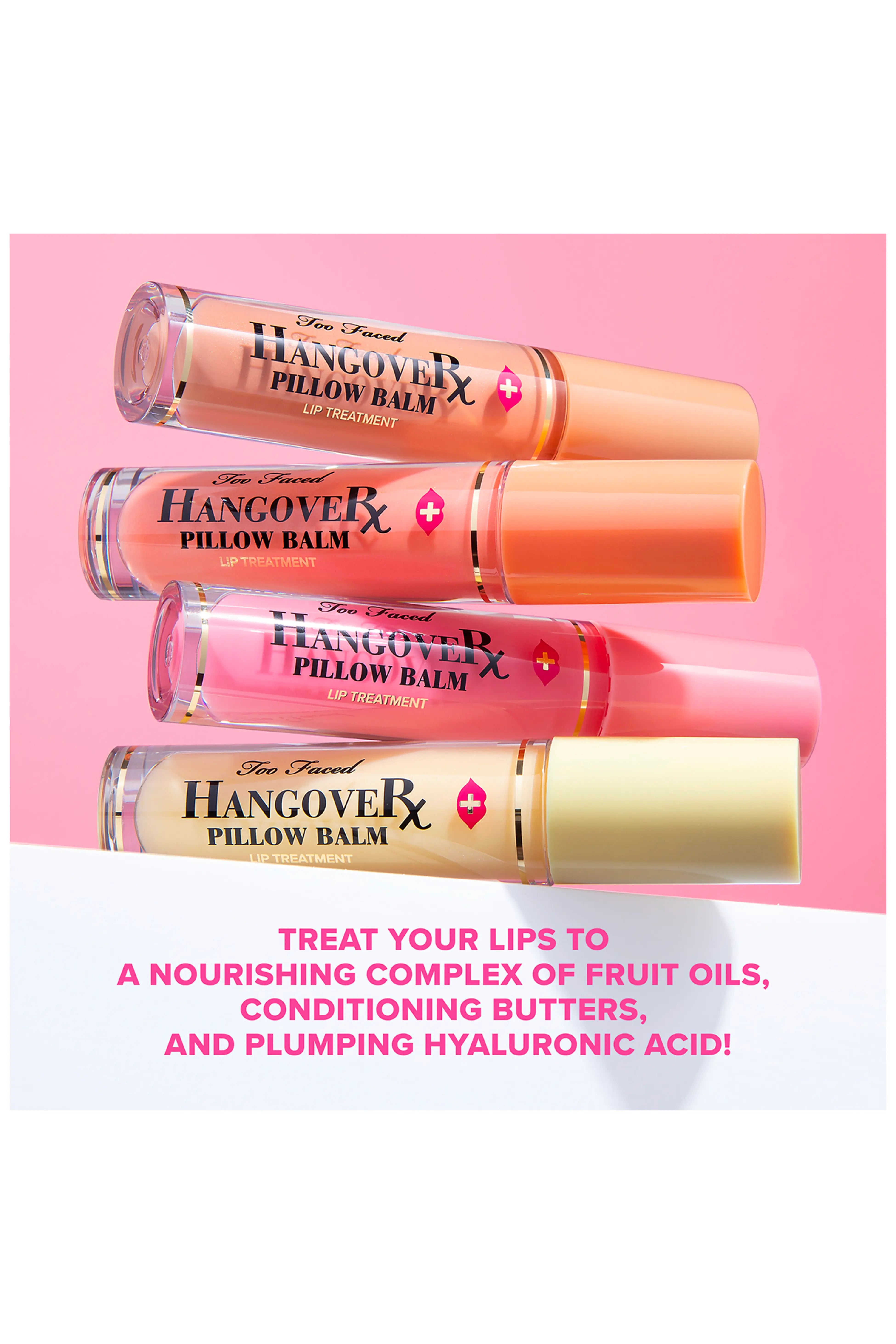 Too Faced Hangover Pillow Balm in various shades, new in box, featuring hydrating lip balm with a glossy finish.